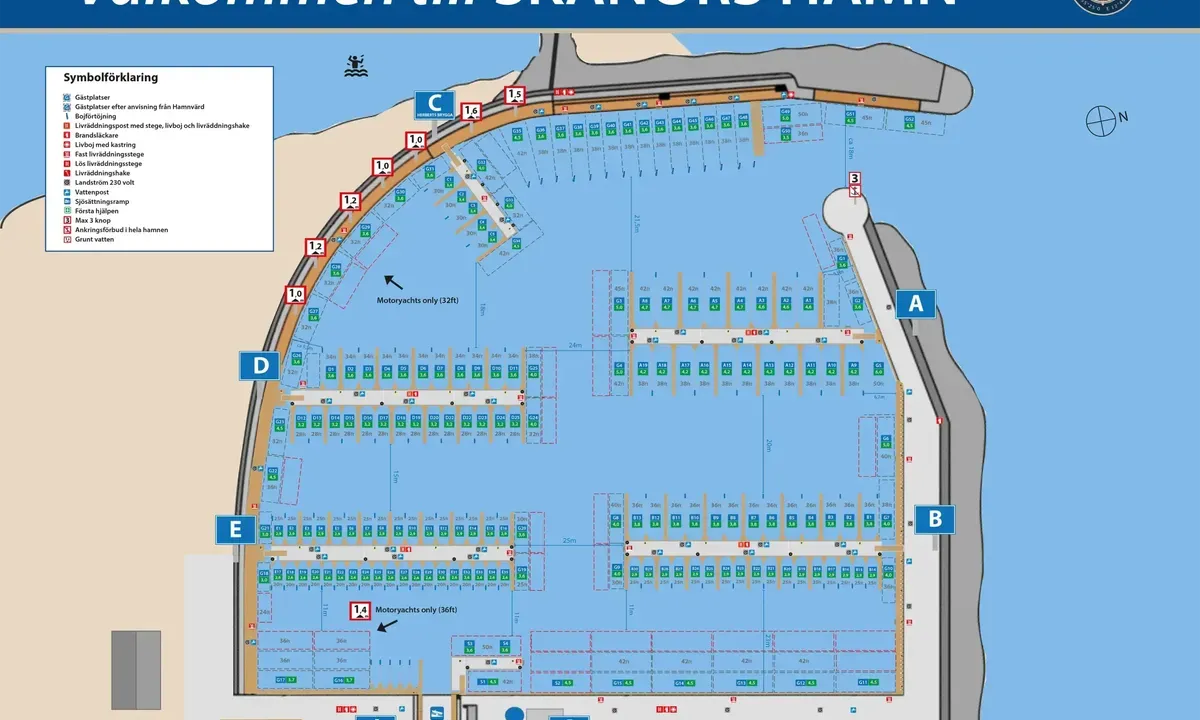 Skanör: Guestplaces are numbered 'G##'. Beware of the depth. 
(Map from https://skanorshamn.se/batplatser/).