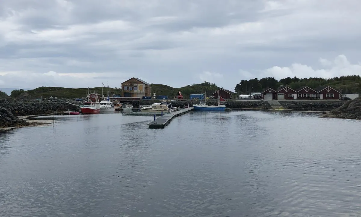 Skei Småbåthavn: Bildet tatt nordfra, slik du ankommer havna. Gjestebrygga er den som stikker ut mot deg. Hold deg til høyre (vest) av brygga om du har dyp båt.