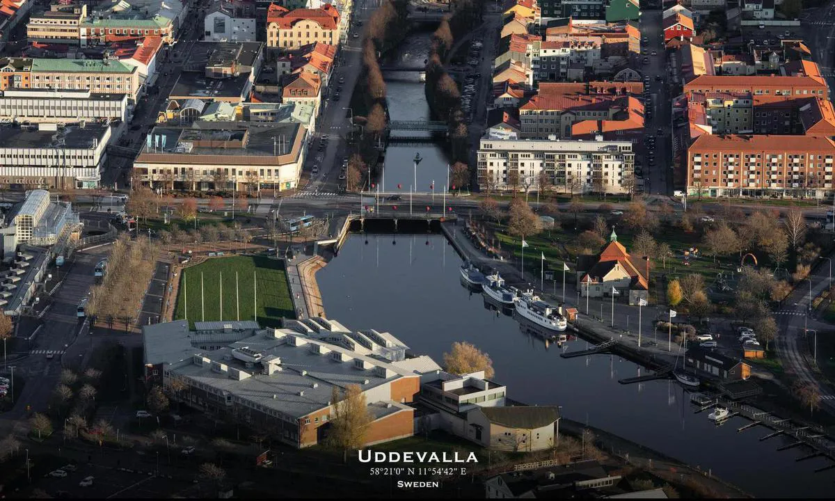 Aerial photo of Uddevalla. Presented in cooperation with fotoflyg.se. You can order this as a framed print on their website (link below). Use code "harbourmaps" to get a 10% rebate